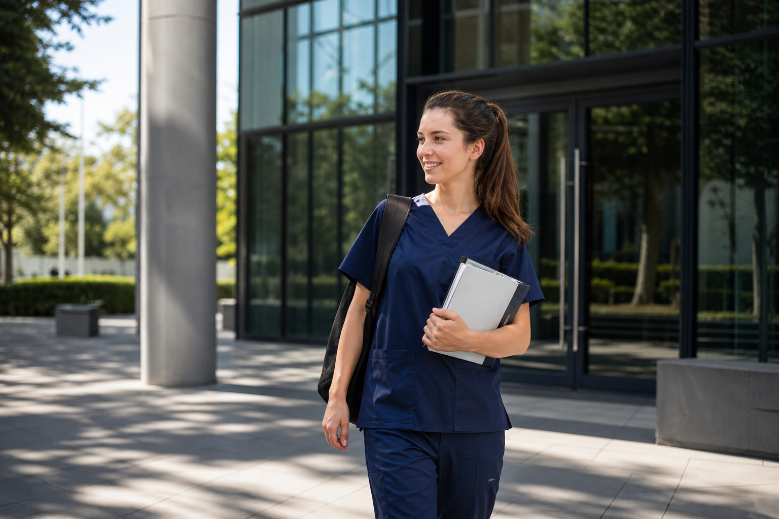 Nursing student leaving building